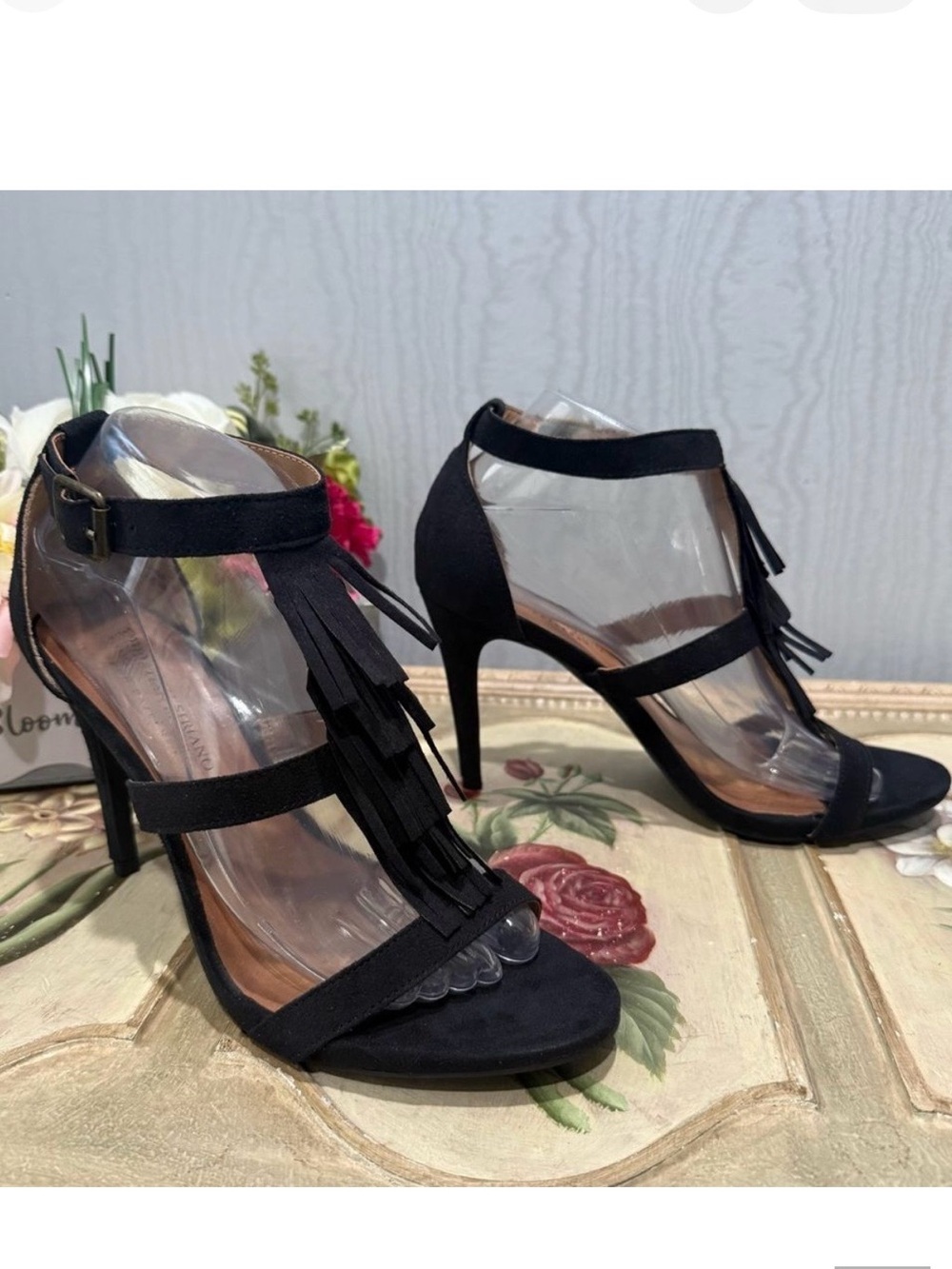 Christian Siriano Kactus Black Faux Suede Fringe Heels Sandals Strappy NIB 8.5